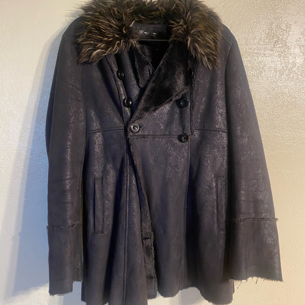 Black Double-Breasted Coat with Faux Fur Collar